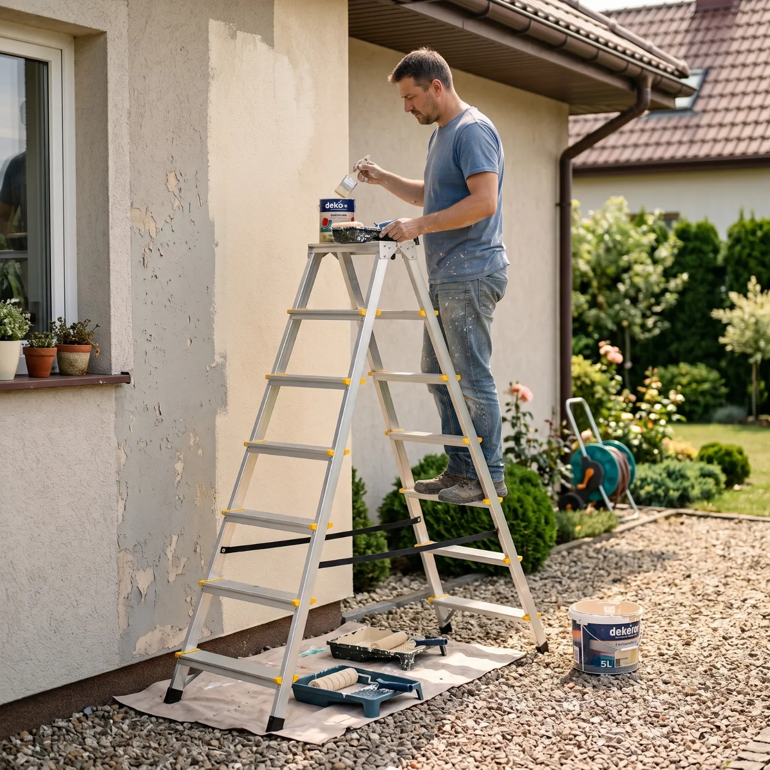 Drabina aluminiowa domowa dwustronna składana HIGHER 2x7 stopni taboret podnóżek schodek — 12