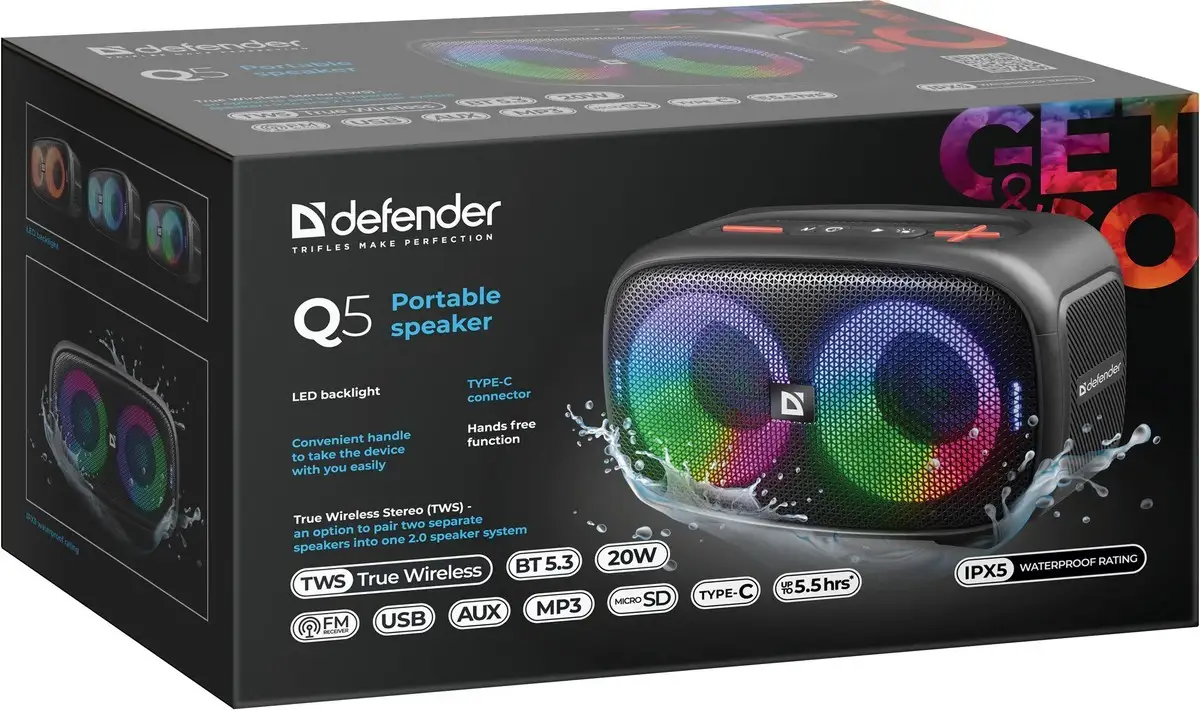 GŁOŚNIK DEFENDER Q5 BLUETOOTH 5.3 20W LED/BT/FM/USB/TWS — 12