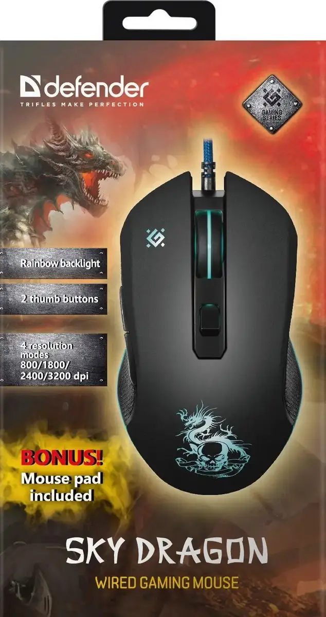 MYSZ DEFENDER SKY DRAGON GM-090L 3200DPI 6P + PODKŁADKA + GRA — 9