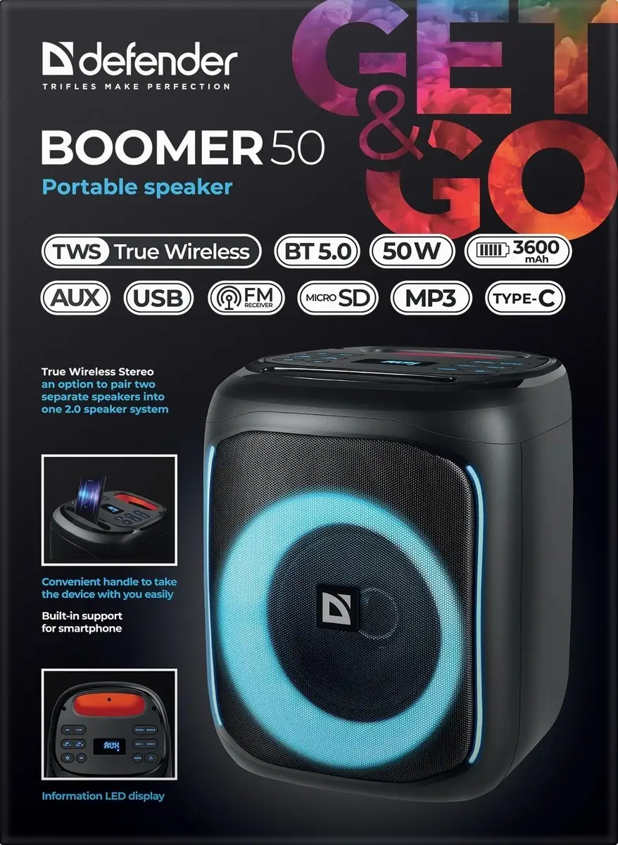 GŁOŚNIK DEFENDER BOOMER 50 BLUETOOTH 50W LED/BT/FM/USB/AUX/MIC — 11