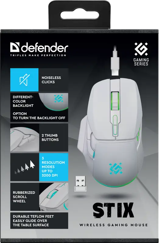 MYSZ DEFENDER GM-009 STIX RF BEZPRZEWODOWA 3200dpi 7P BIAŁA — 3