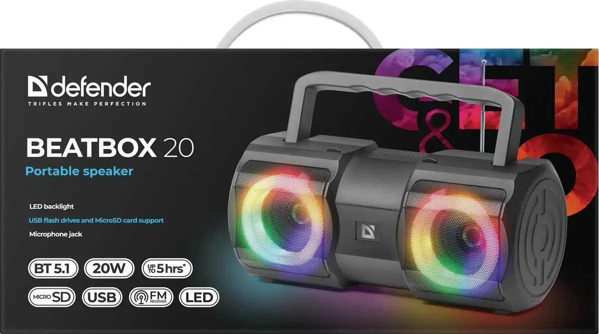 GŁOŚNIK DEFENDER BEATBOX 20 BLUETOOTH 20W LIGHT/BT/MIC/FM/USB/TF — 9