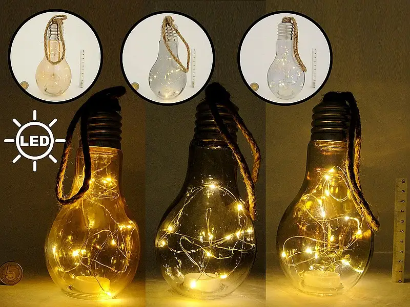 lampion szklany żarówka 17x9cm, z drucikiem LED