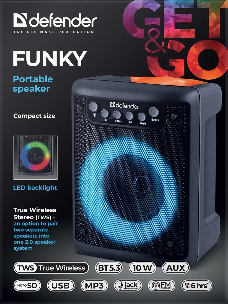 GŁOŚNIK DEFENDER FUNKY BLUETOOTH 10W BT5.3 AUX FM MP3 USB microSD — 10