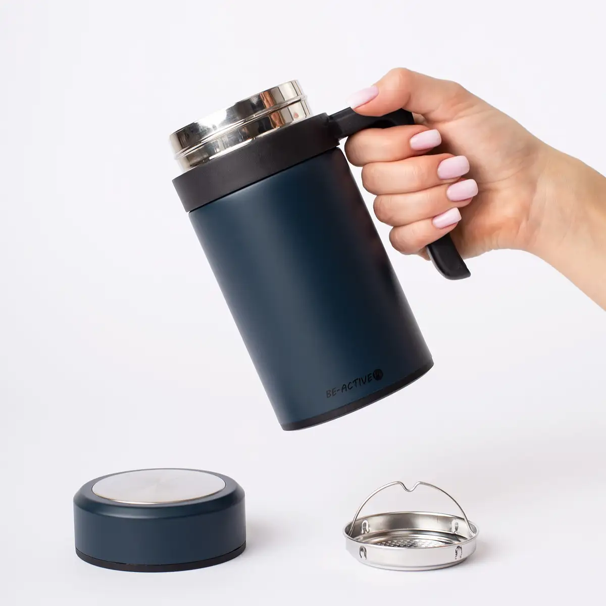 Kubek termiczny termos granatowy podwójne ścianki duży 450ml na kawę herbatę — 6