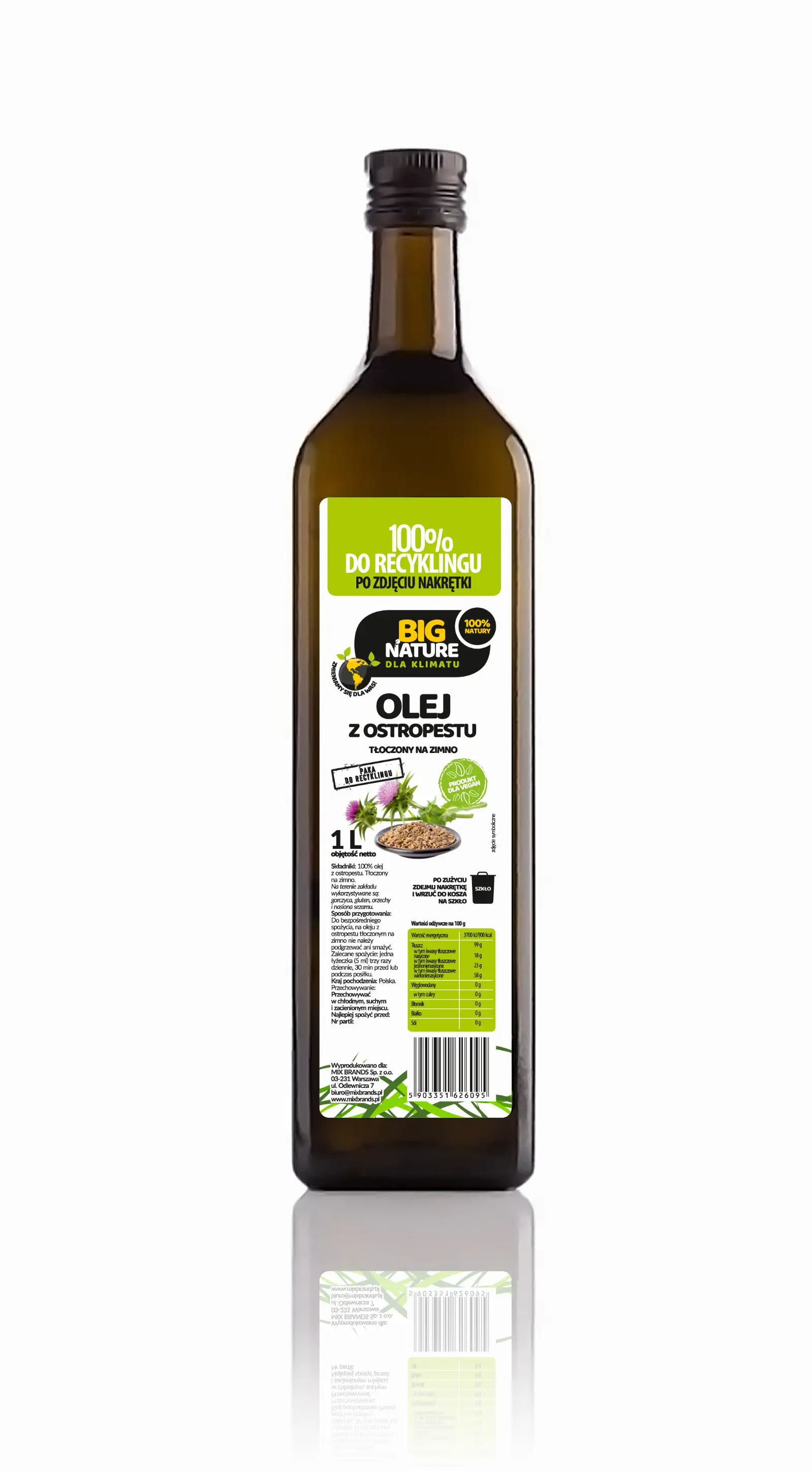 Olej z ostropestu tloczony na zimno 1L  - BIG NATURE — 2
