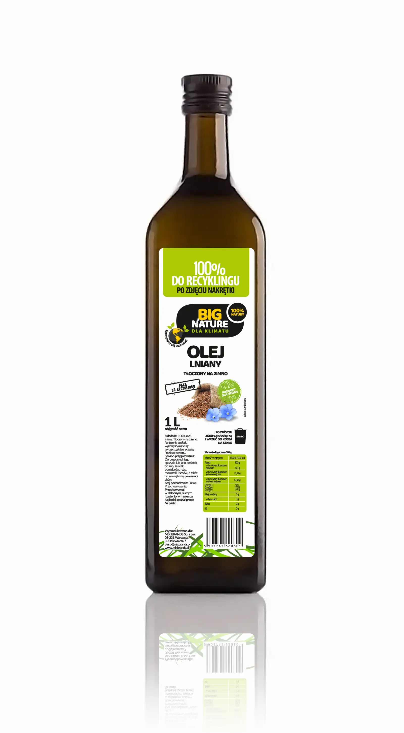 Olej lniany tłoczony na zimno 1L  - BIG NATURE — 2