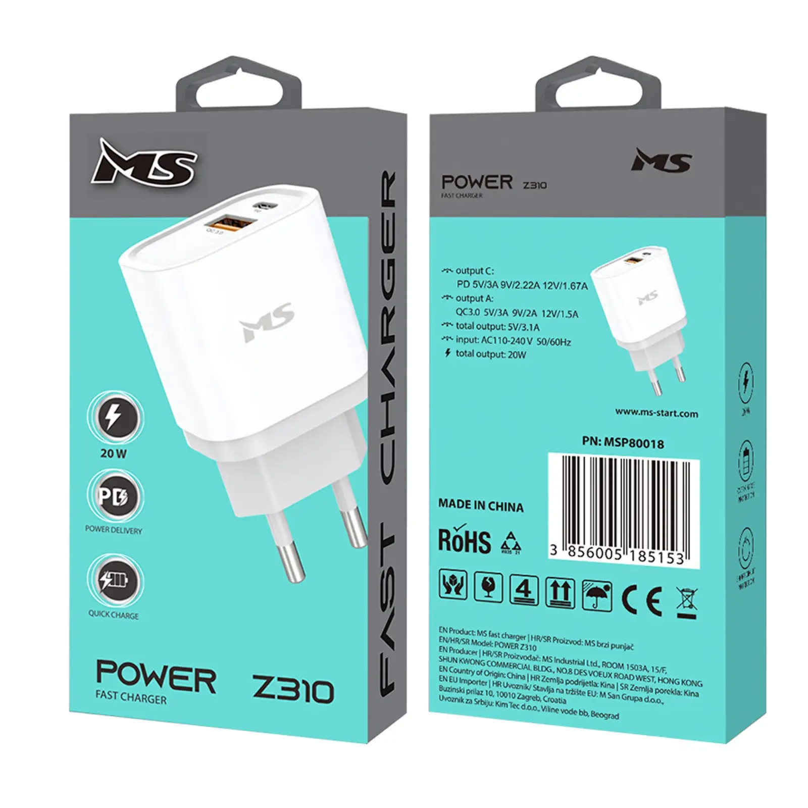 ŁADOWARKA MS POWER Z310 20W PD QC 3.0 C+USB BIAŁA — 3