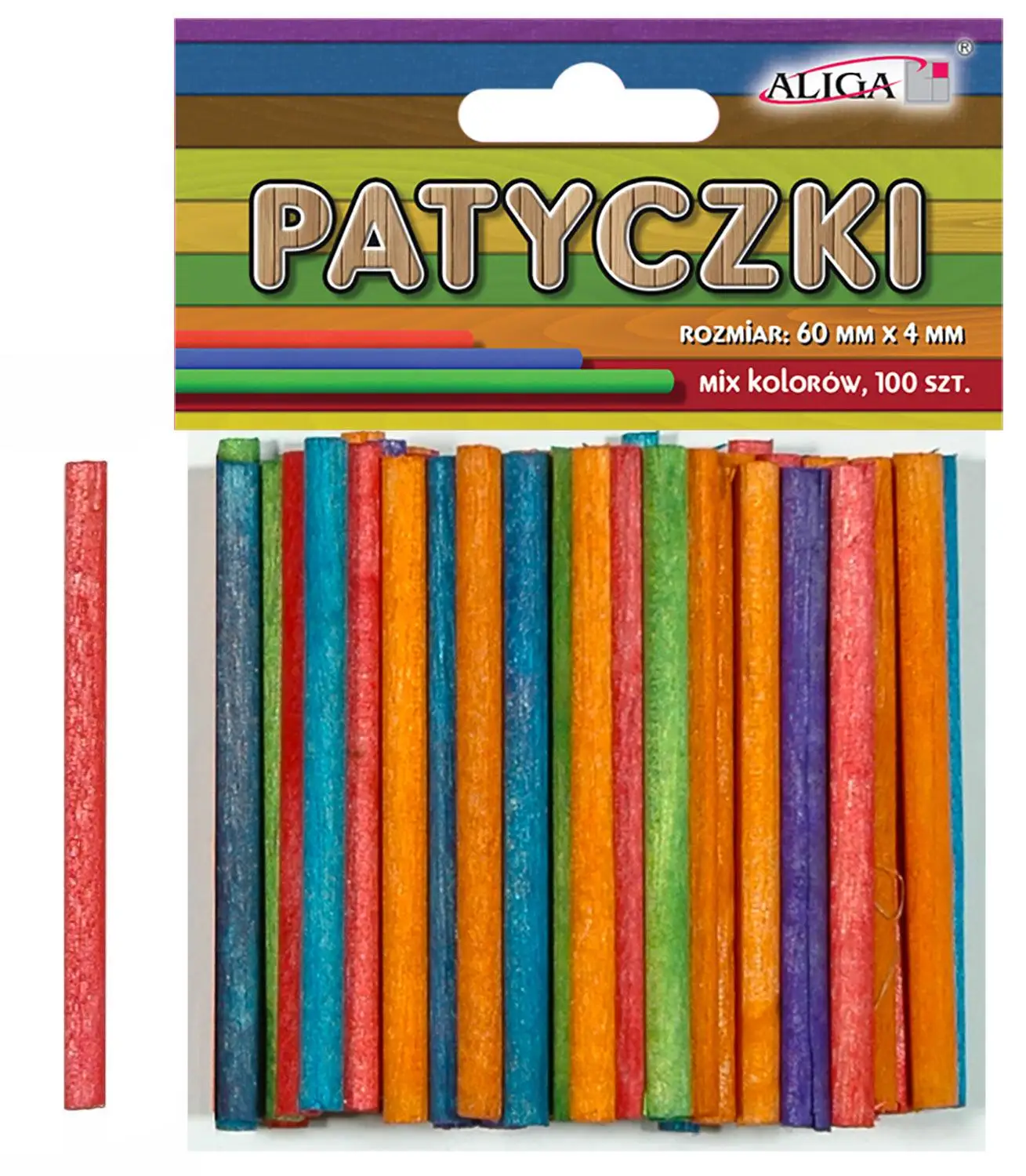 patyczki okrągłe drewniane 100szt. MIX KOLOR 60mm x 4mm    PK-0159