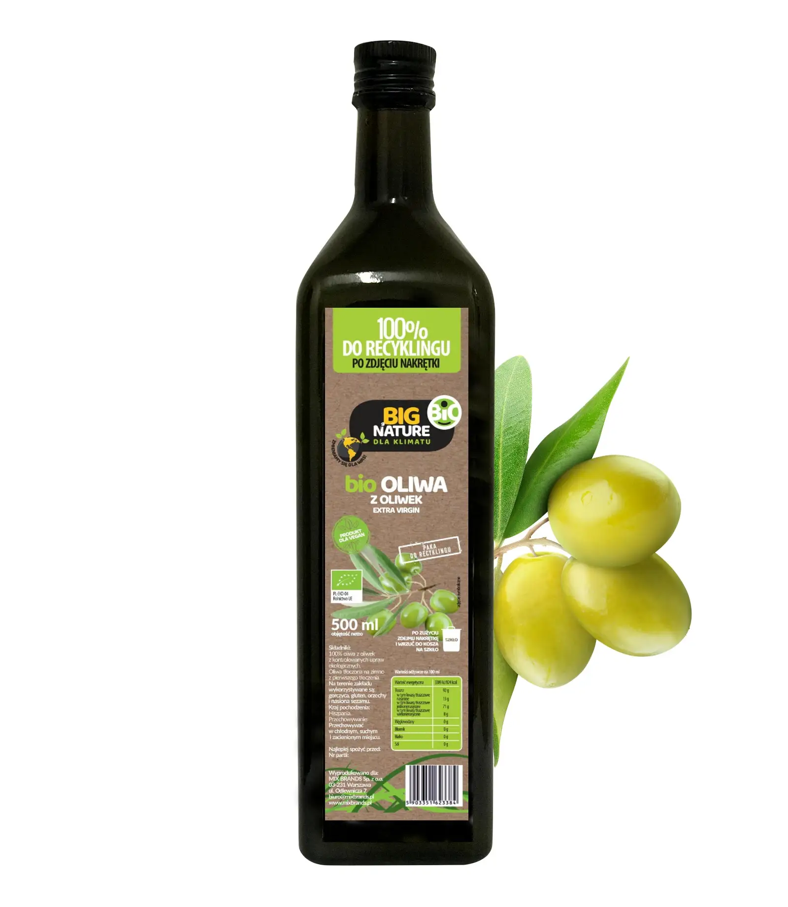 Oliwa z oliwek bio Extra Virgin 500ml tłoczona na zimno - BIG NATURE