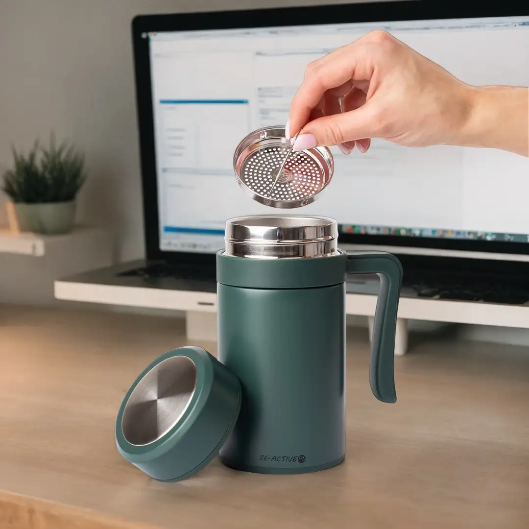 Kubek termiczny termos zielony podwójne ścianki duży 450ml na kawę herbatę — 3