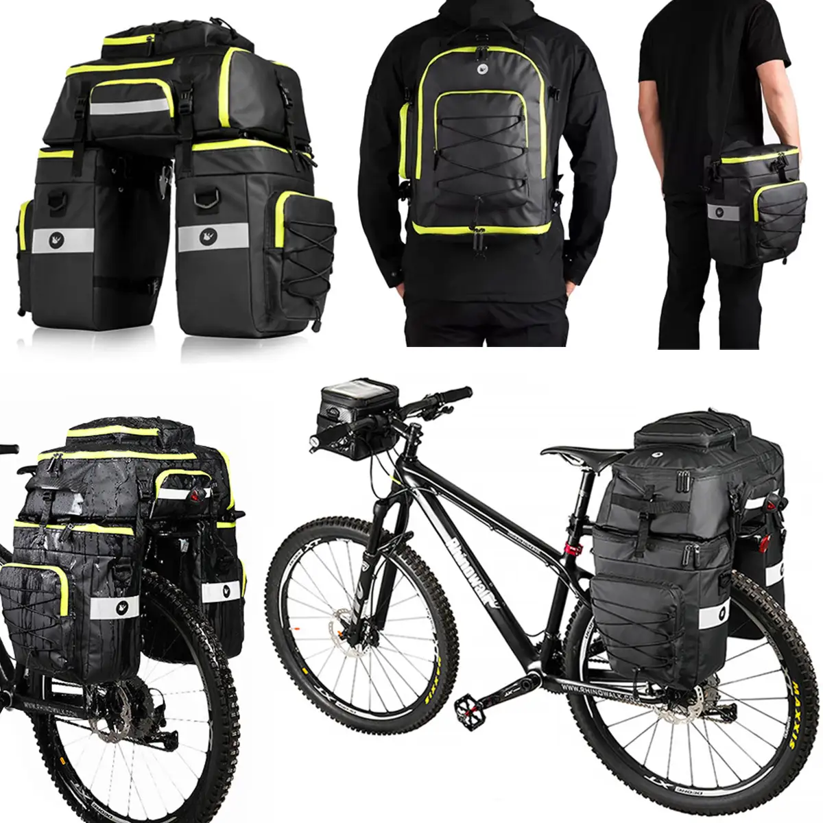 Torba na rower 3w1 - sakwa rowerowa na bagażnik 65l plecak torba na ramię wodoodporna z odblaskami czarno-zielona — 5