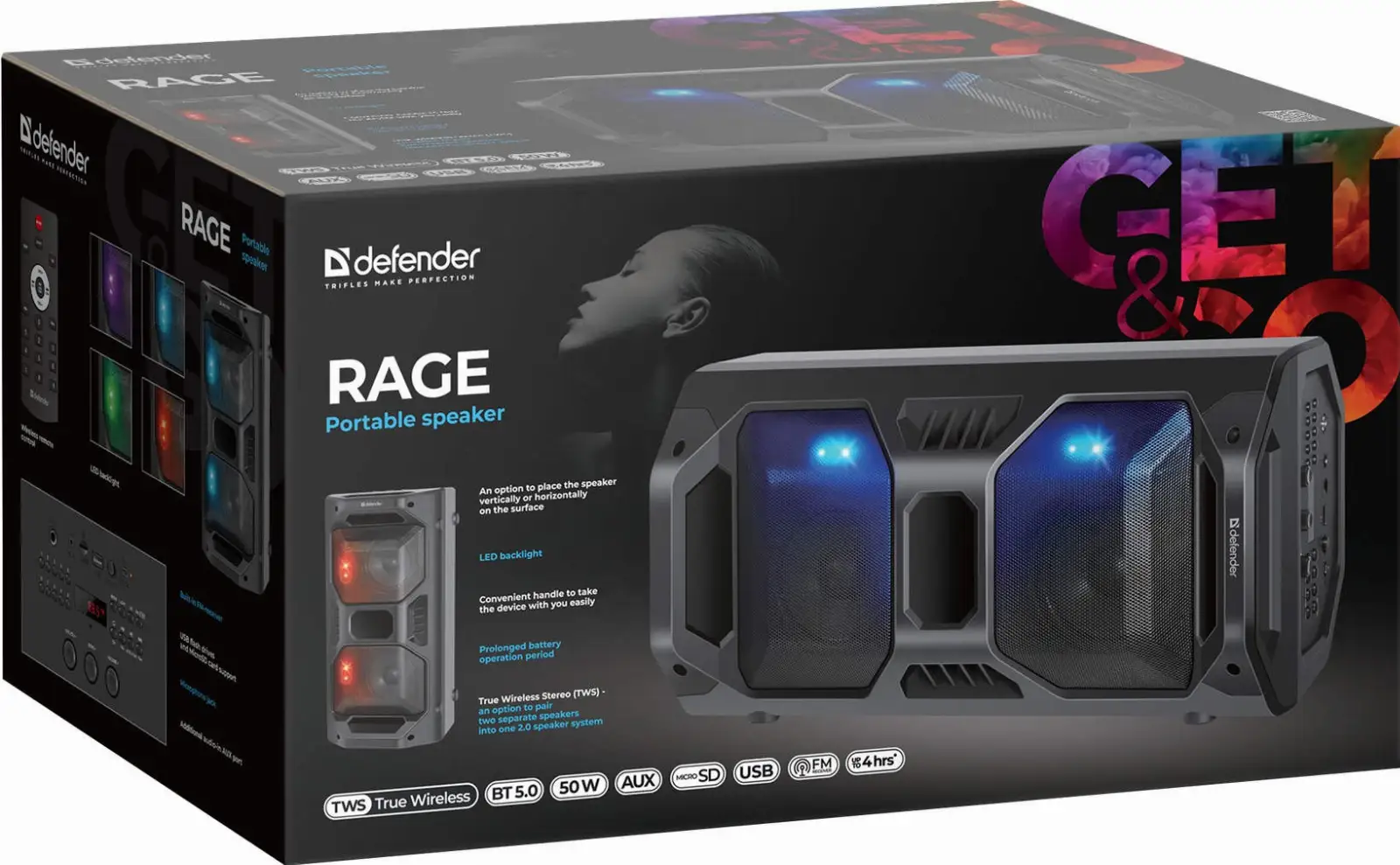 GŁOŚNIK DEFENDER RAGE BLUETOOTH 50W LED/BT/FM/USB/MIC/TWS — 9
