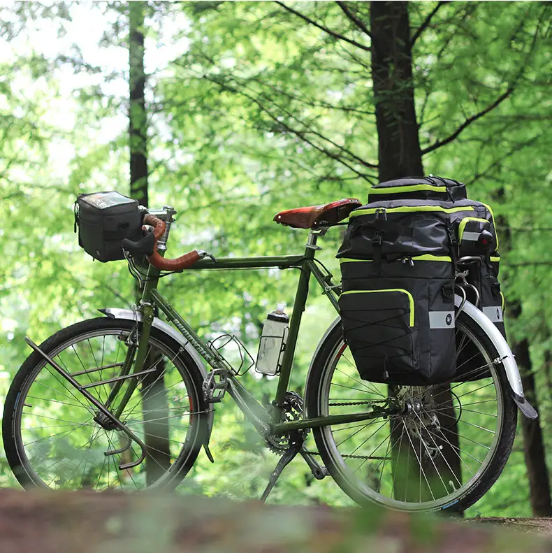 Torba na rower 3w1 - sakwa rowerowa na bagażnik 65l plecak torba na ramię wodoodporna z odblaskami czarno-zielona — 11