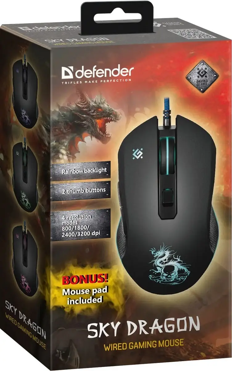 MYSZ DEFENDER SKY DRAGON GM-090L 3200DPI 6P + PODKŁADKA + GRA — 8