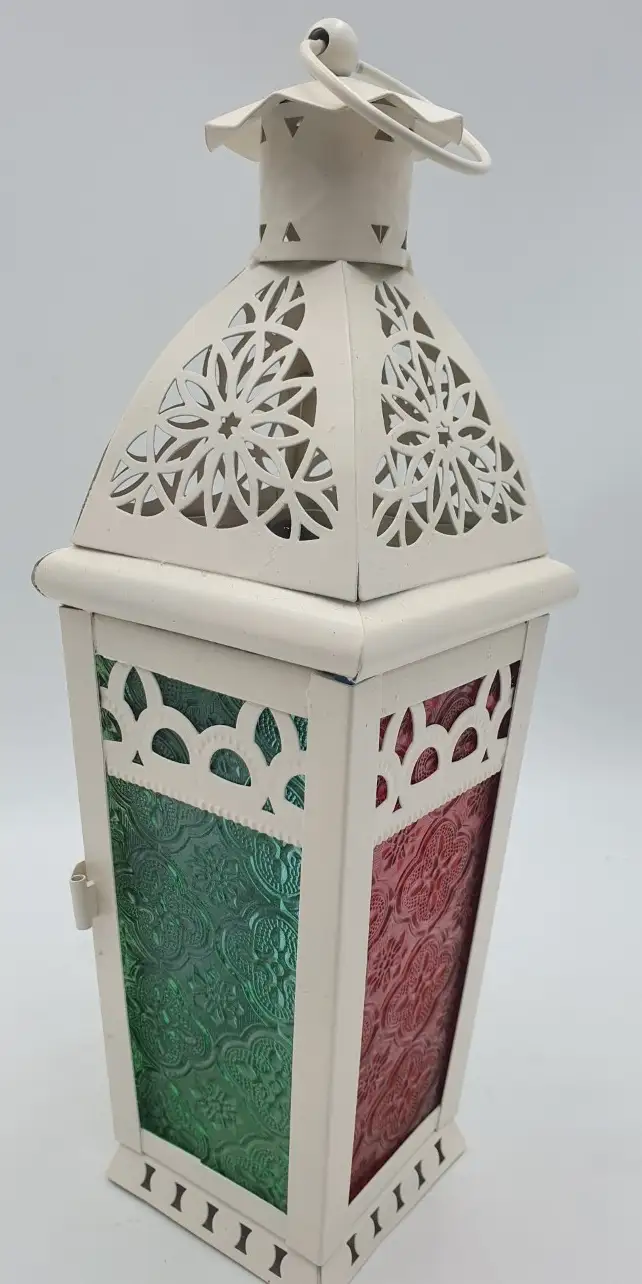 latarnia metalowa  z kolorowymi szybkami  biała / czarna 32 cm   LAT-16035