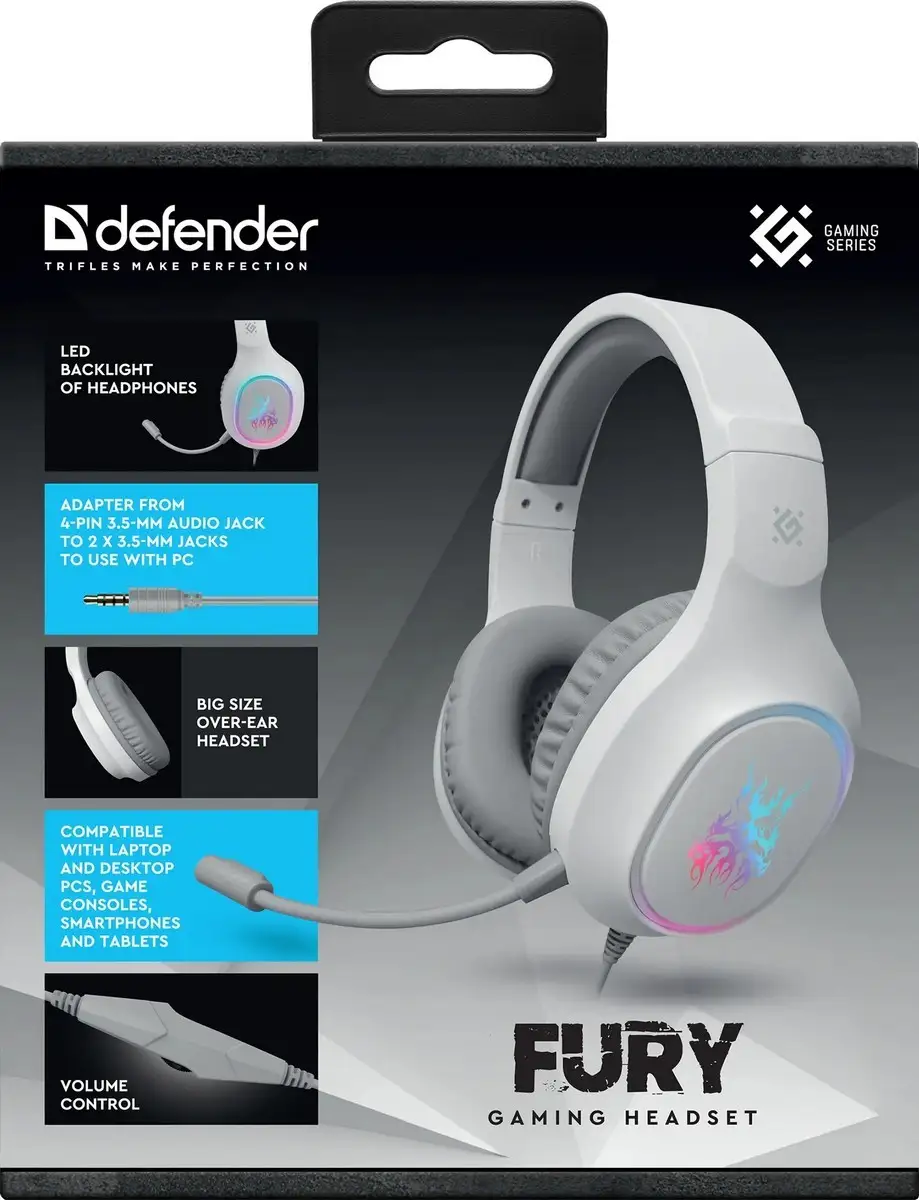 SŁUCHAWKI DEFENDER Z MIKR FURY LED BIAŁE — 6