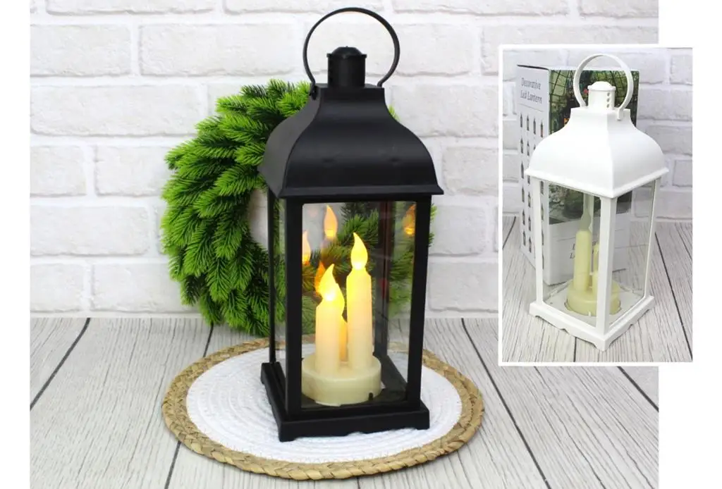 lampion, latarnia szkło-plastik LED z trzema świecami mix biały i czarny 31x13 cm AE-7295