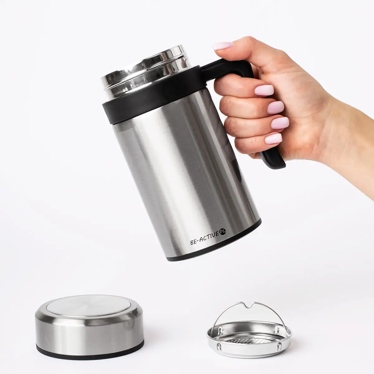Kubek termiczny termos srebrny podwójne ścianki duży 450ml na kawę herbatę — 4