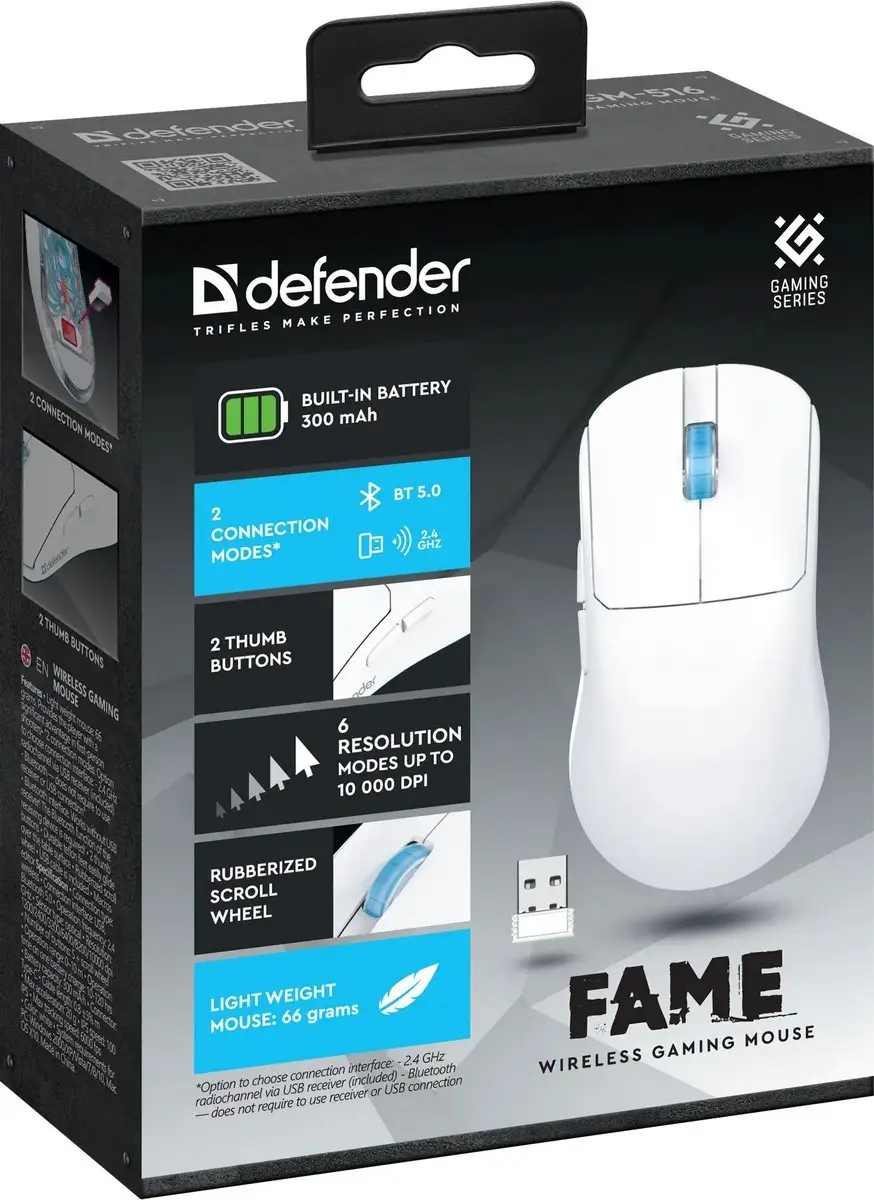 MYSZ DEFENDER GM-516 FAME RF+BT OPTIC 10000dpi 6P BIAŁA — 6