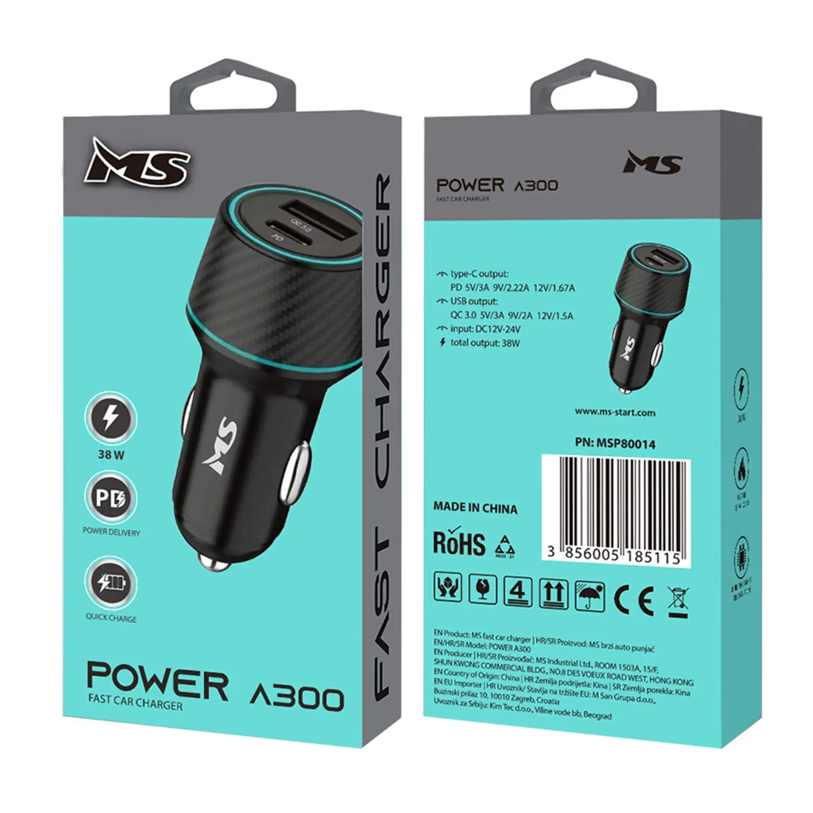 ŁADOWARKA SAMOCHODOWA MS POWER A300 38W PD QC 3.0 CZARNA — 3