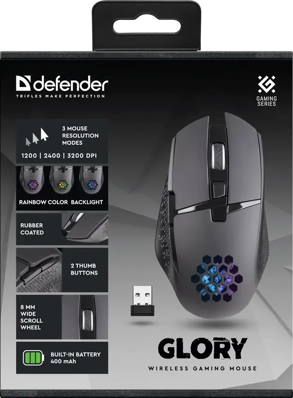 MYSZ DEFENDER GM-514 GLORY OPTIC RF RGB 3200dpi 7P CZARNA — 7