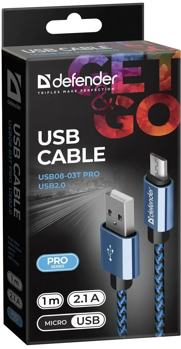 KABEL DEFENDER USB AM-MICRO BM 1.0m 2.1A NIEBIESKI — 4