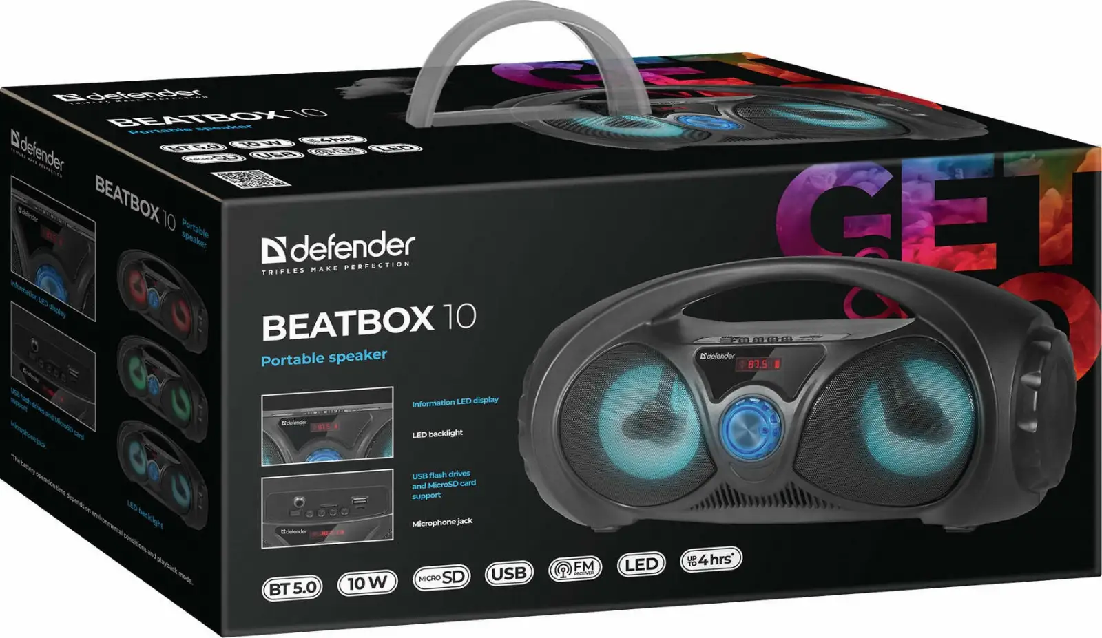 GŁOŚNIK DEFENDER BEATBOX 10 BLUETOOTH 10W BT/FM/USB/TF/AUX/Light — 10