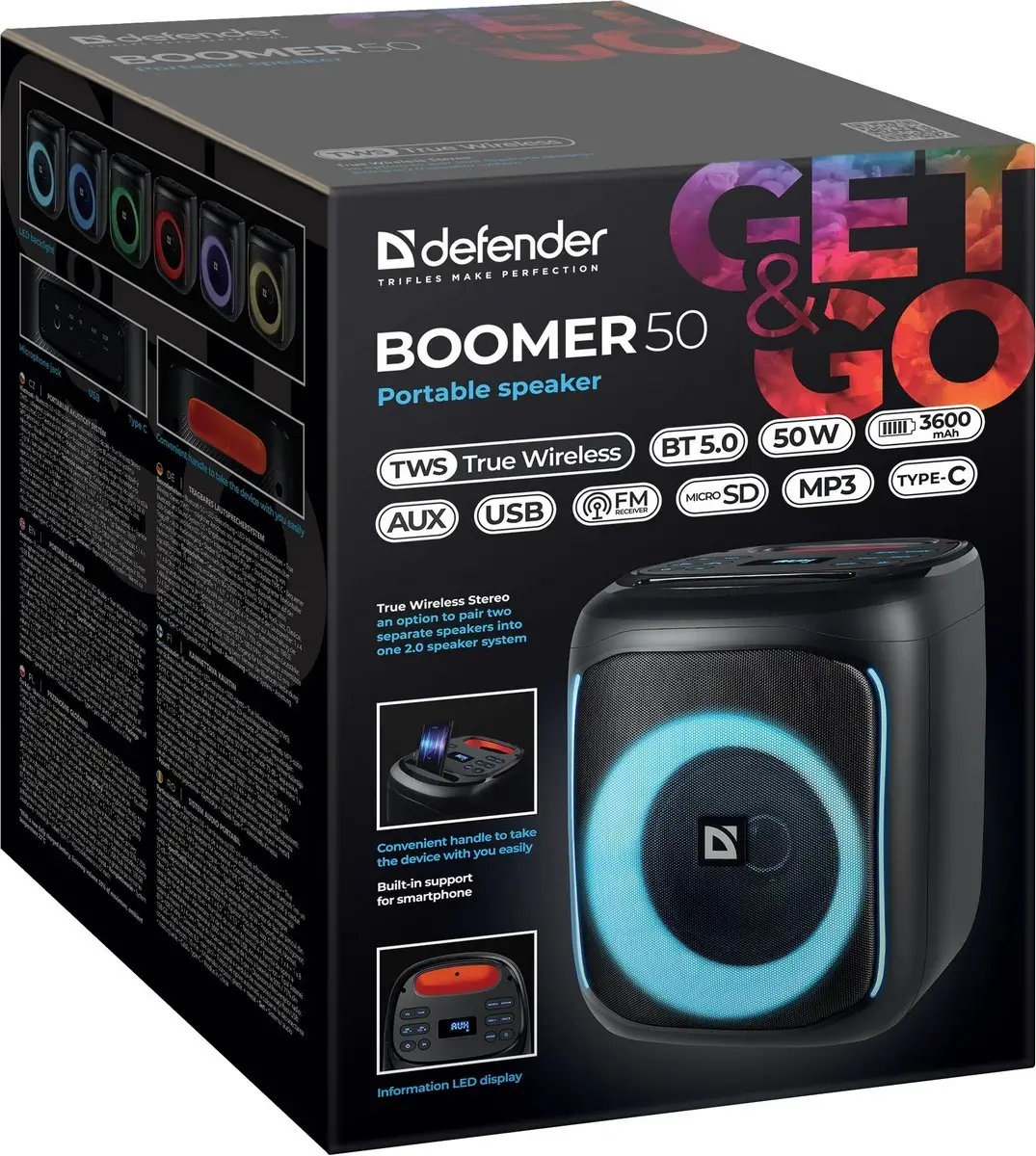 GŁOŚNIK DEFENDER BOOMER 50 BLUETOOTH 50W LED/BT/FM/USB/AUX/MIC — 10