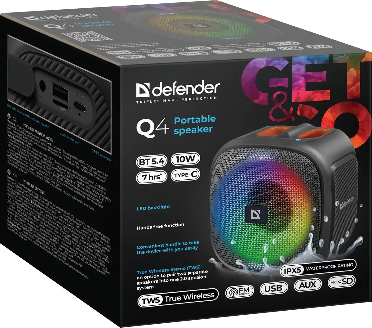 GŁOŚNIK DEFENDER Q4 BLUETOOTH 5.4 10W LED/BT/FM/USB/TWS — 12