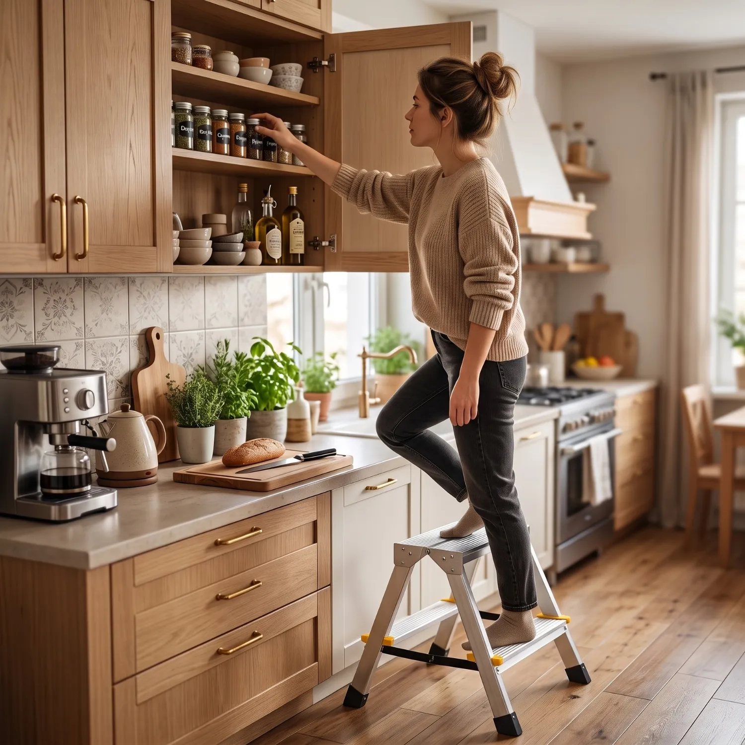 Drabina aluminiowa domowa dwustronna składana HIGHER 2x2 stopnie taboret podnóżek schodek — 12