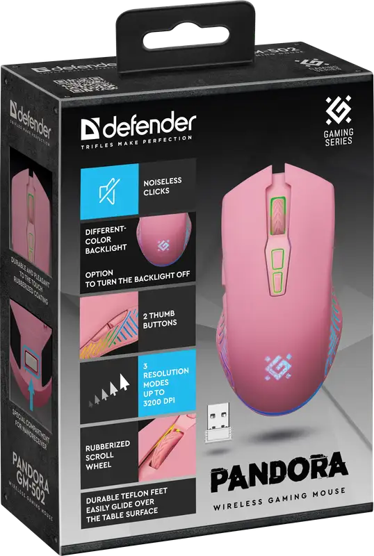 MYSZ DEFENDER GM-502 PANDORA RF BEZPRZEWODOWA 3200dpi 7P RÓŻOWA — 5
