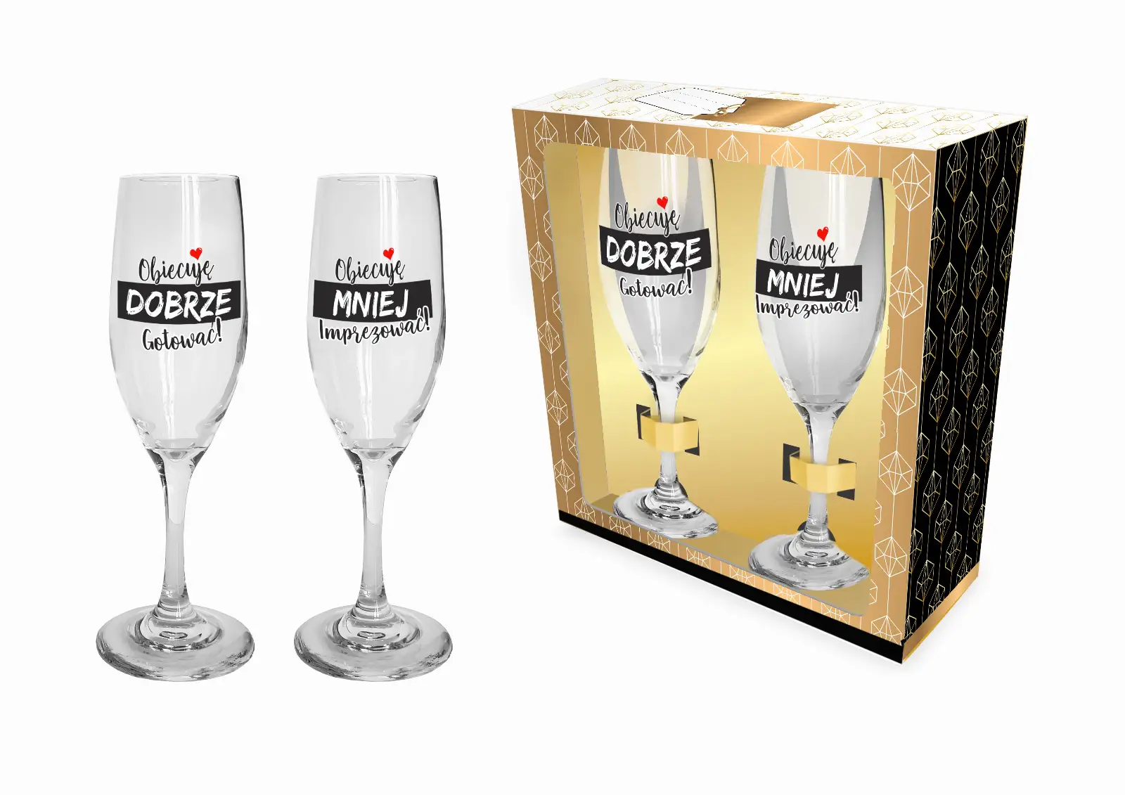 zestaw 2 kieliszków do szampana 170ml ZGRANY DUET  - Obiecuję dobrze gotować / mniej imprezować