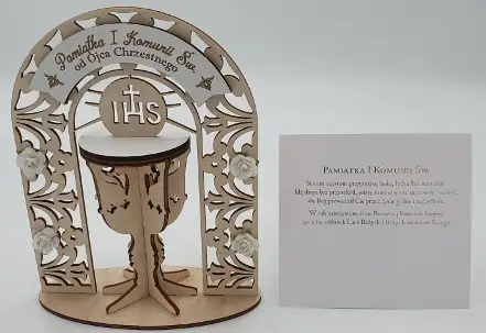 pamiątka drewniana kielich od OJCA CHRZESTNEGO I KOMUNIA ŚW.