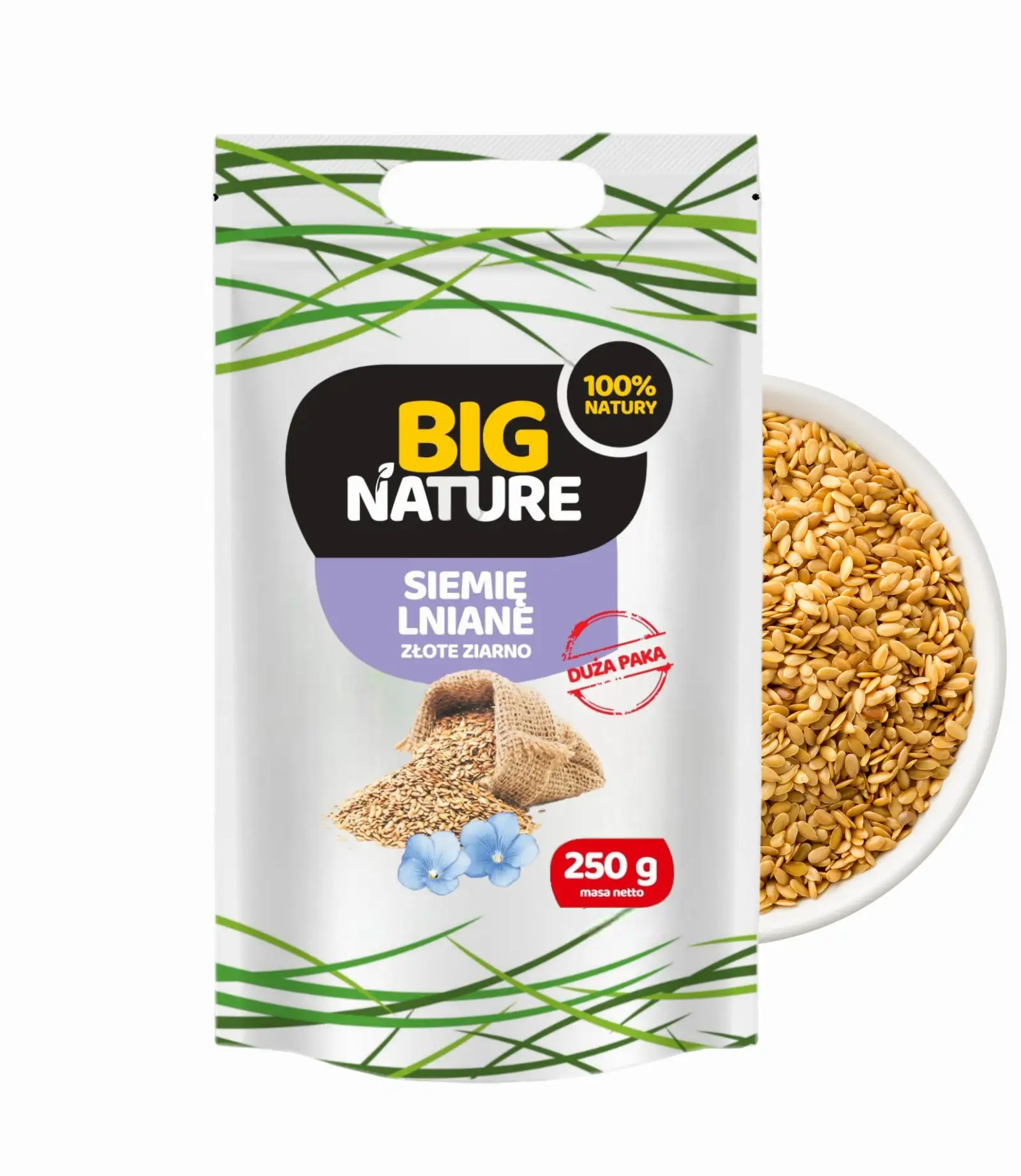 Siemię lniane ZŁOTE ziarno 250g Duża Paka - BIG NATURE