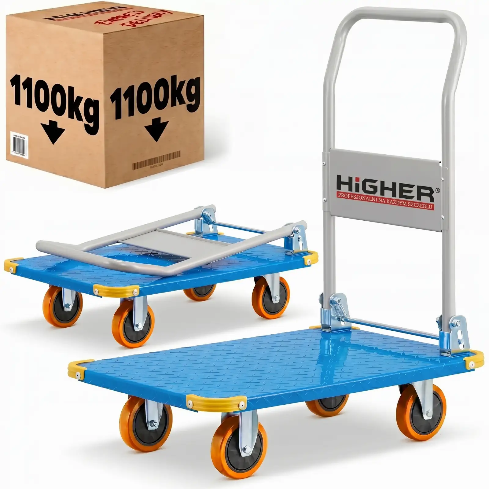 Wózek platformowy transportowy magazynowy 1 100 kg HIGHER pełne koła