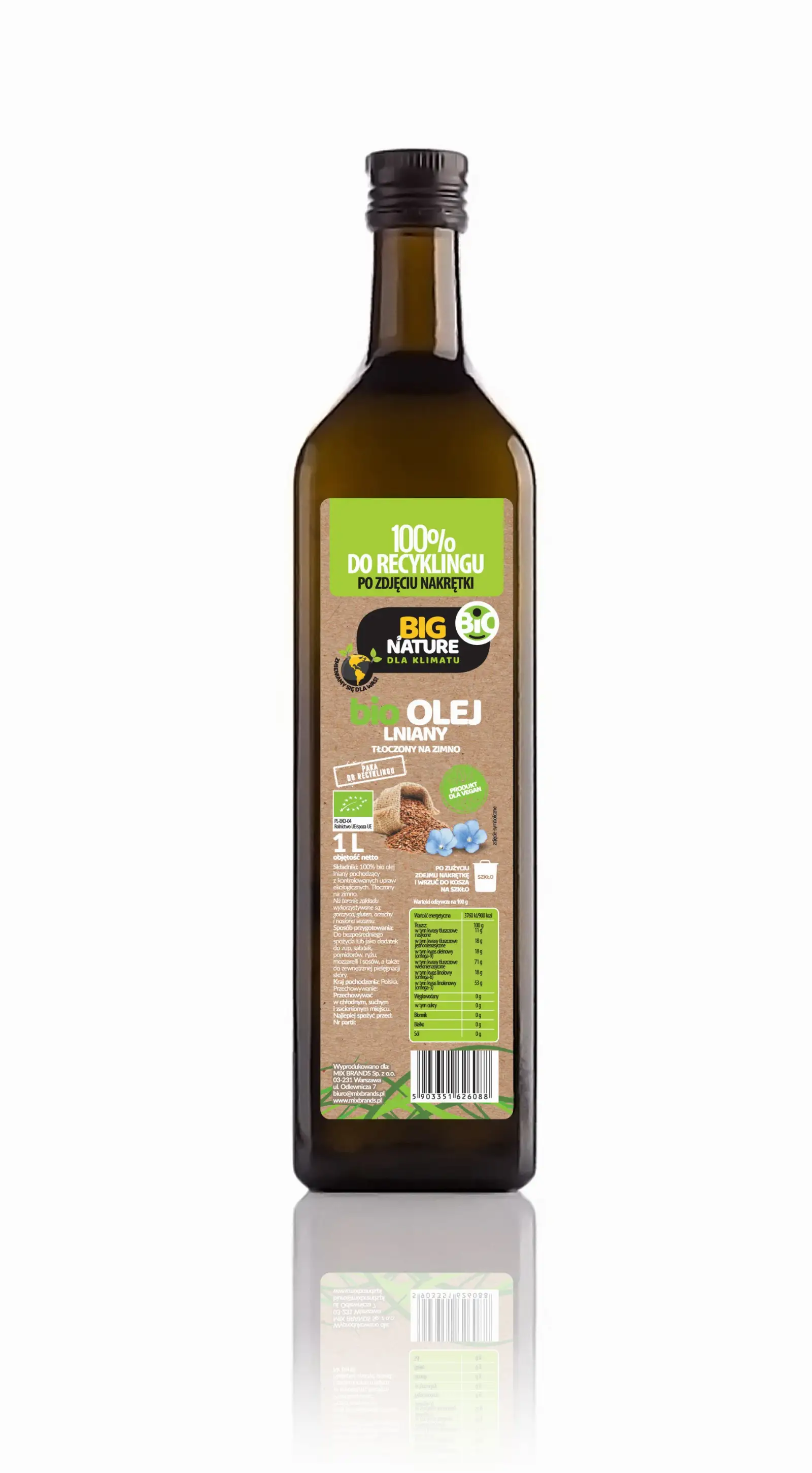 Olej lniany BIO tłoczony na zimno 1L  - BIG NATURE — 2