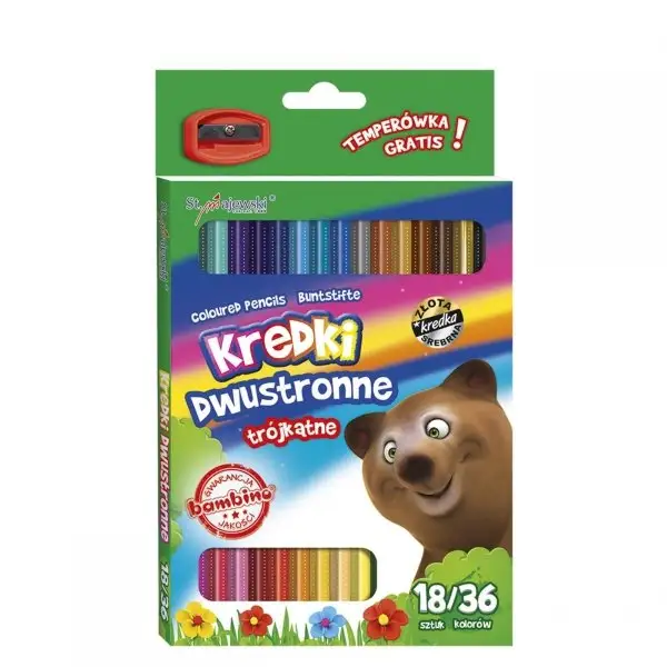 kredki trójkątne dwustronne 18szt + temperówka BAMBINO  4957