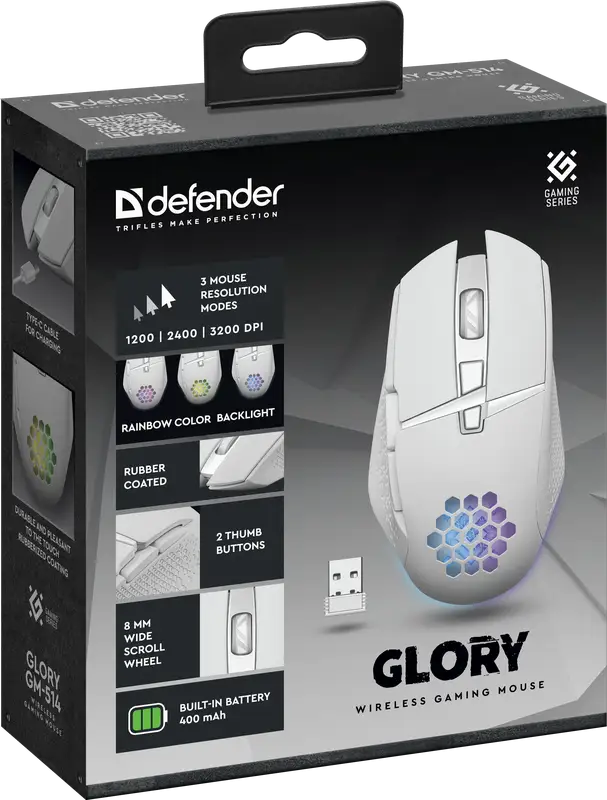MYSZ DEFENDER GM-514 GLORY OPTIC RF RGB 3200dpi 7P BIAŁA — 11