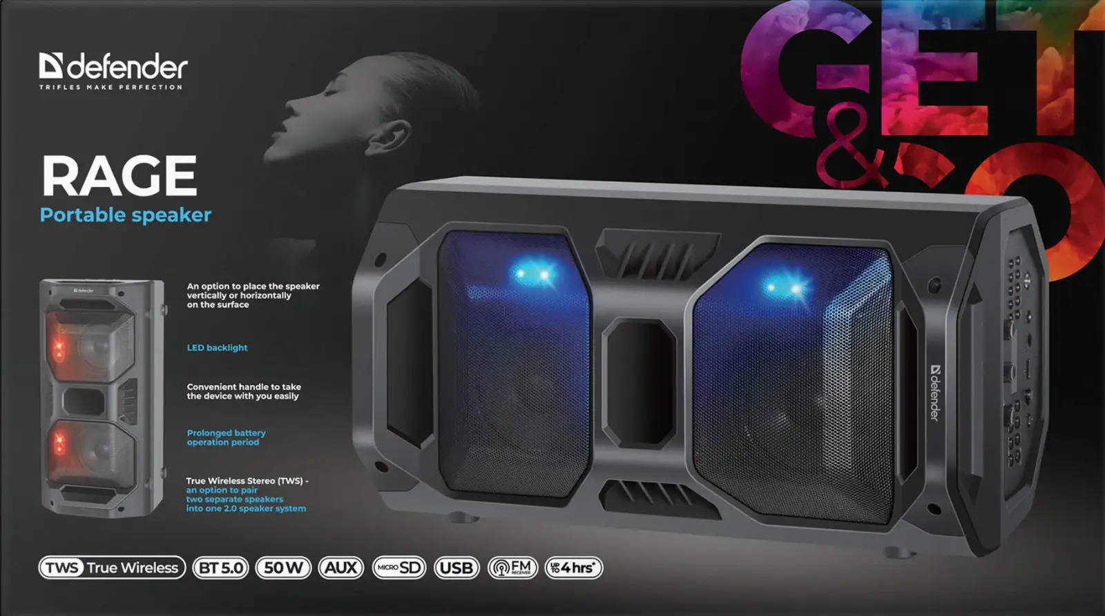 GŁOŚNIK DEFENDER RAGE BLUETOOTH 50W LED/BT/FM/USB/MIC/TWS — 8