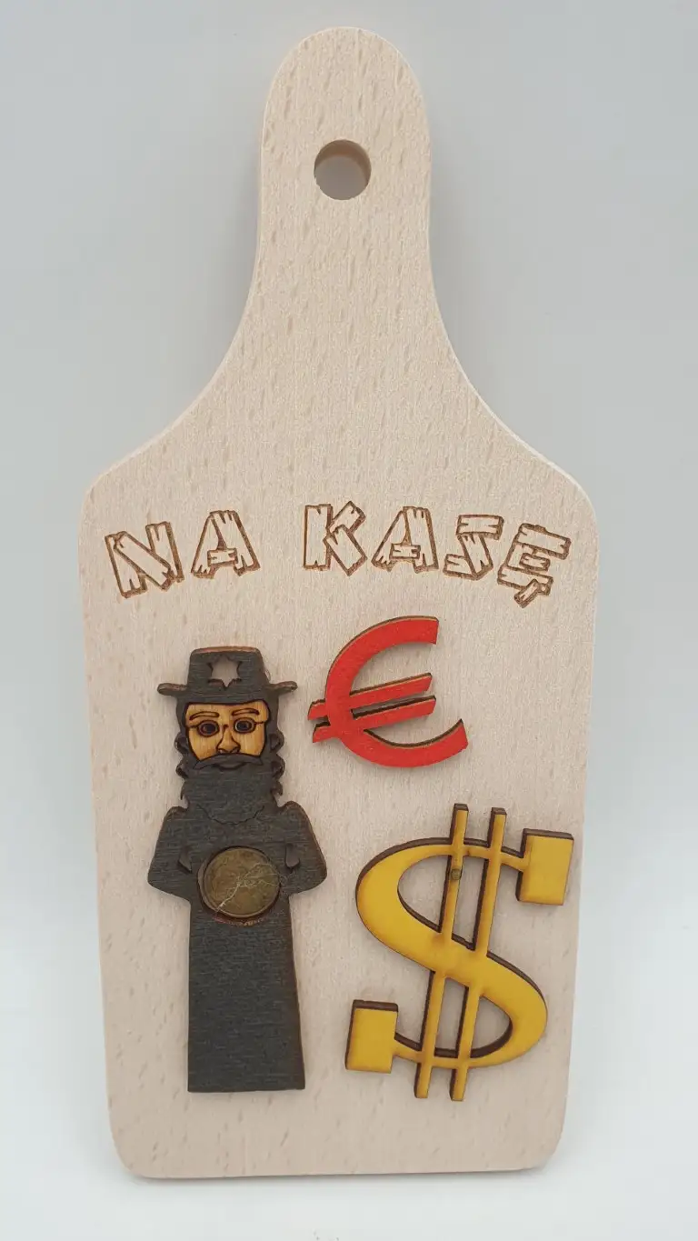 deska drewniana z rączką '' ŻYD NA KASĘ '' 23 x 10 cm.
