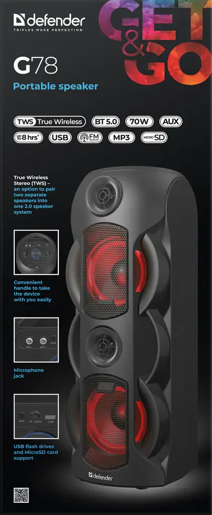 GŁOŚNIK DEFENDER G78 BLUETOOTH 70W BT/FM/AUX/MIC LIGHT — 6