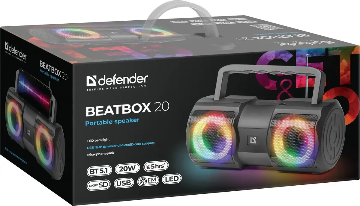 GŁOŚNIK DEFENDER BEATBOX 20 BLUETOOTH 20W LIGHT/BT/MIC/FM/USB/TF — 8