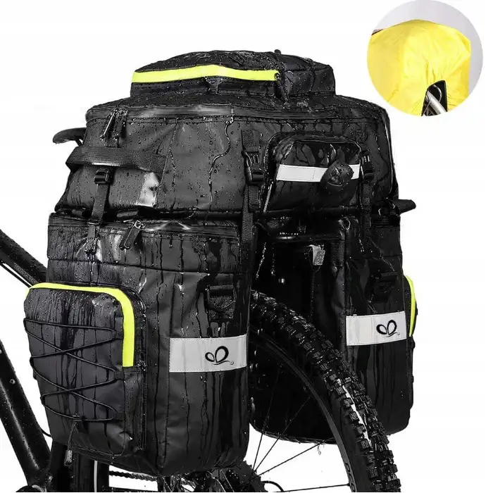 Torba na rower 3w1 - sakwa rowerowa na bagażnik 65l plecak torba na ramię wodoodporna z odblaskami czarno-zielona — 2