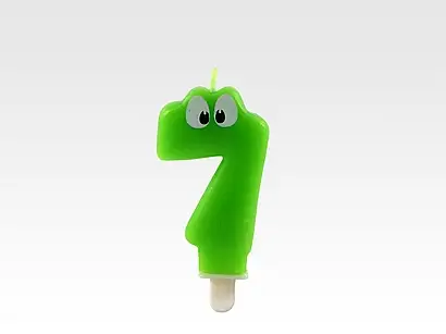 świeczka "7" H:7,5cm ZIELONA Z OCZAMI  24 szt. 62-77