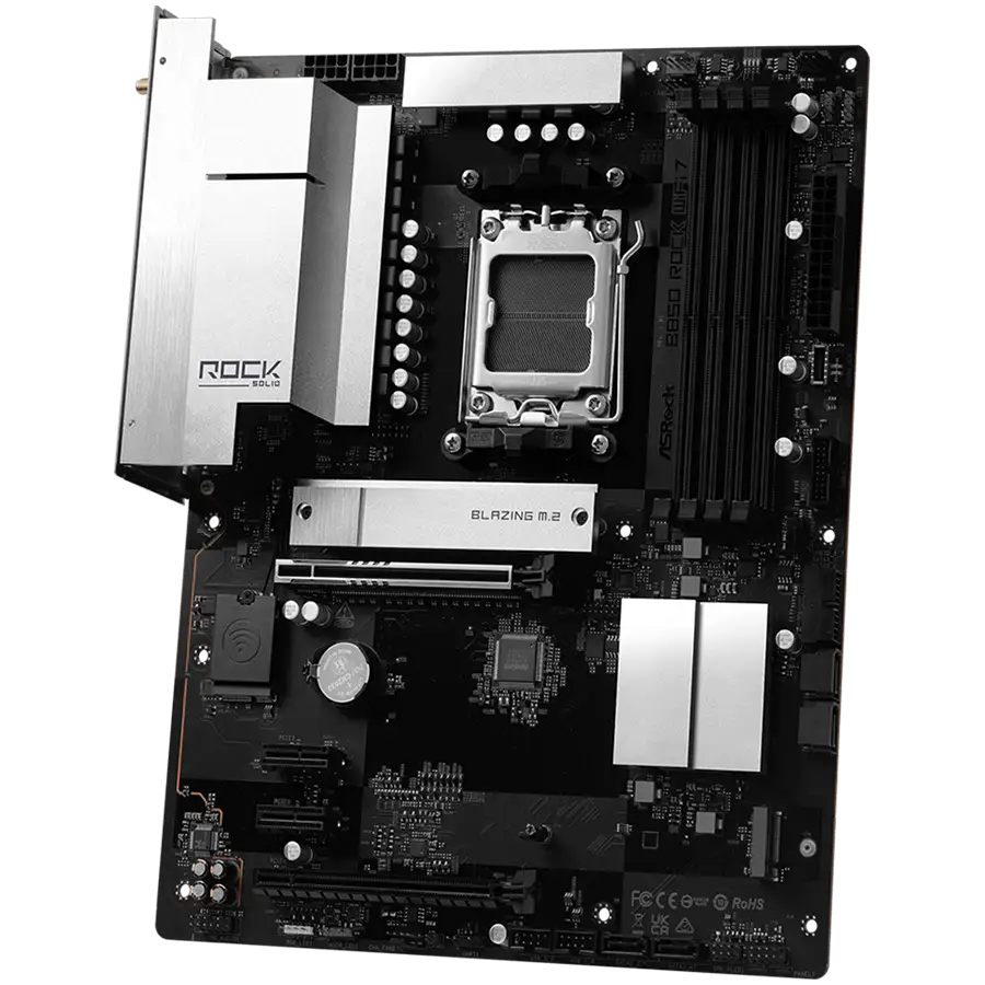 ASROCK MB Desktop B850 Rock WiFi 7, AM5, 4x DDR5, 1x PCIe 5.0 x16, 1x PCIe 4.0 x16, 1x Blazing M.2, 1x Hyper M.2, 4x SATA3, RAID 0, 1, 10, 7.1 CH HD Audio, 1x HDMI, 8x USB 3.2, 8x USB 2.0, 2x USB-C, 2.5G LAN, 2x Wi-Fi 7, BT, 1x HDMI, 1x SPDIF, ATX — 4
