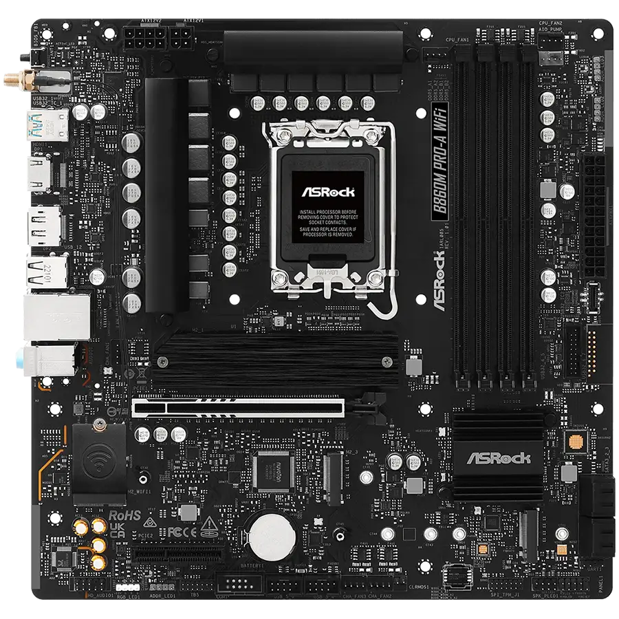 ASROCK MB Desktop B860M Pro-A Wi-Fi, S.1851, 4x DDR5, 1x PCIe 5.0 x16, 1x PCIe 4.0 x4, 1x Blazing M.2, 2x Hyper M.2, 4x SATA3, 2x USB-C, 5x USB 3.2, 6x USB 2.0, 1x RJ-45 2.5GB Lan, 802.11axe Wi-Fi 6E, BT 5.3 1x HDMI, 1x DP 1.4, mATX — 2