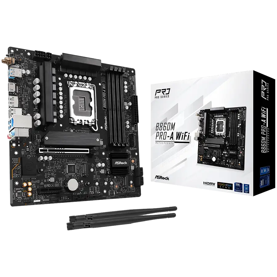 ASROCK MB Desktop B860M Pro-A Wi-Fi, S.1851, 4x DDR5, 1x PCIe 5.0 x16, 1x PCIe 4.0 x4, 1x Blazing M.2, 2x Hyper M.2, 4x SATA3, 2x USB-C, 5x USB 3.2, 6x USB 2.0, 1x RJ-45 2.5GB Lan, 802.11axe Wi-Fi 6E, BT 5.3 1x HDMI, 1x DP 1.4, mATX