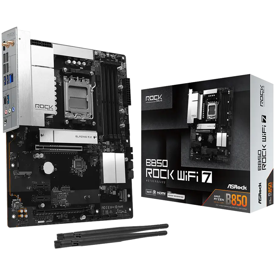 ASROCK MB Desktop B850 Rock WiFi 7, AM5, 4x DDR5, 1x PCIe 5.0 x16, 1x PCIe 4.0 x16, 1x Blazing M.2, 1x Hyper M.2, 4x SATA3, RAID 0, 1, 10, 7.1 CH HD Audio, 1x HDMI, 8x USB 3.2, 8x USB 2.0, 2x USB-C, 2.5G LAN, 2x Wi-Fi 7, BT, 1x HDMI, 1x SPDIF, ATX