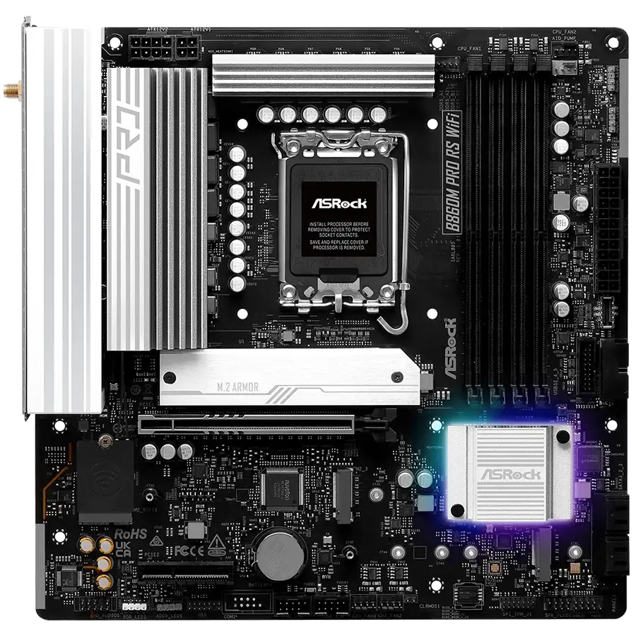 ASROCK MB Desktop B860M Pro Rs Wi-fi, S.1851, 4x DDR5, 1x PCIe 5.0 x16, 1x PCIe 4.0 x4, 1x Blazing M.2, 2x Hyper M.2, 4x SATA3, 2x USB-C, 8x USB 3.2, 6x USB 2.0, 1x RJ-45 2.5GB Lan, 802.11axe Wi-Fi 6E + Bluetooth 5.3, ATX — 2